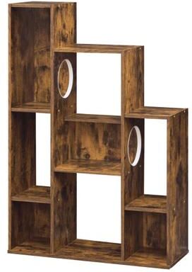 Costway Modern Cat Bookshelf Cat Tree 8-Section Storage Cabinet with 2 Round Holes-Rustic Brown