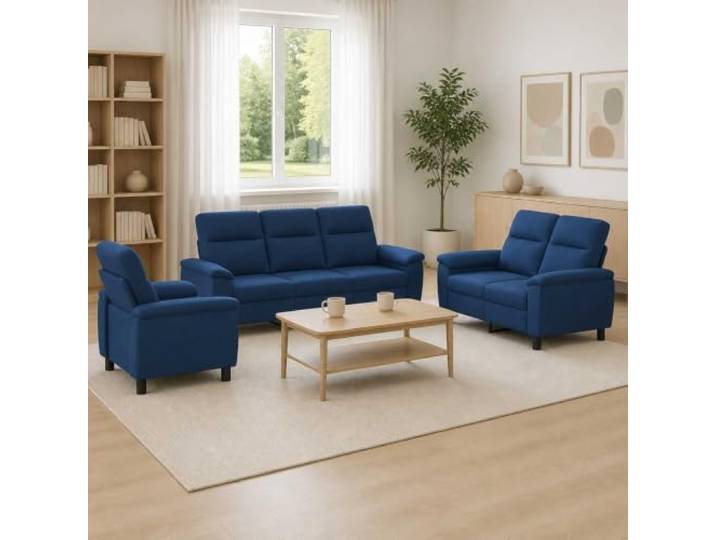 Sofa-Set 3 pcs Blau Stoff Metallrahmen,Kissenrücken-Design,konische Kunststoffbeine,100% Polyester,drinnen