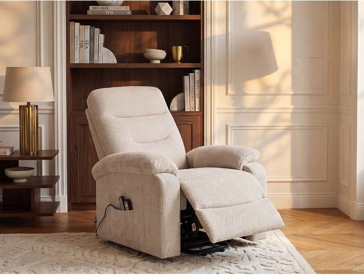 Massagesessel mit Heizfunktion aus strukturiertem Stoff und elektrischer Aufstehhilfe - Beige - FLUNEL