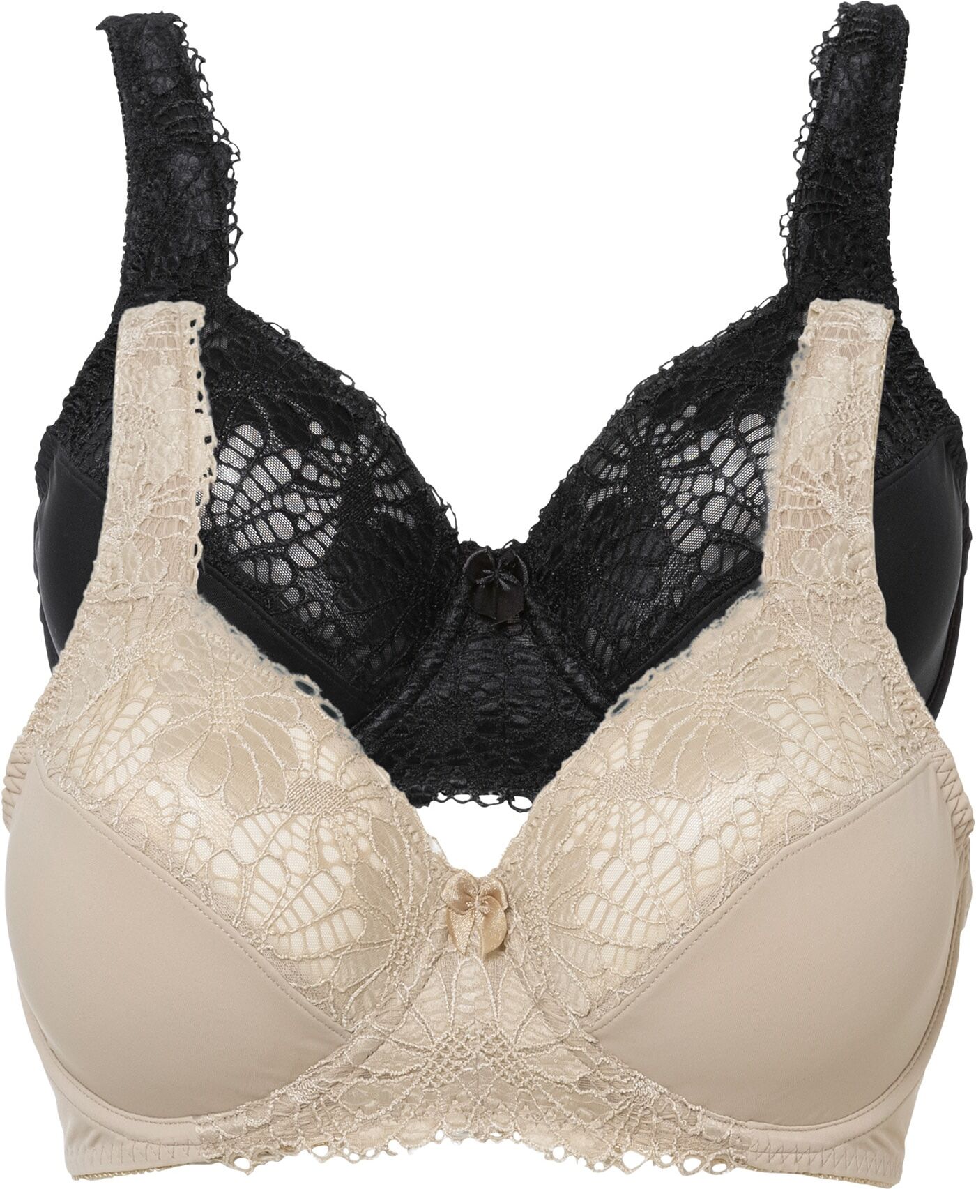 Minimizer-BH BONPRIX "Minimizer-BH mit gepolsterten Trägern (2er Pack)", Damen, Gr. 85, Cup D, beige (kreidebeige, schwarz), Obermaterial: 80% Polyamid, 20% Elasthan. Futter: 100% Baumwolle. Spitze: 87% Polyamid, 13% Elasthan, BHs Minimizer-BH, Minimizer-