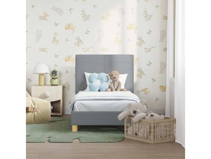 KTHLBRH Bett mit Kopfteil, Stoff, Hellgrau, 70 x 140 cm Technisches Holz, Aufbewahrungstaschen, ohne Boxspring, Lattenrost, max. 140 kg