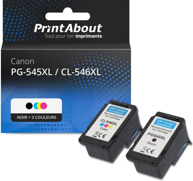 PrintAbout Cartouche compatible Canon PG-545XL / CL-546XL - Noir + 3 couleurs - Grande capacité - Multipack Noir + 3 couleurs