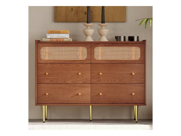 Flieks Kommode, Sideboard mit 6 Schubladen Rattan Nussbaum 120x40x90cm