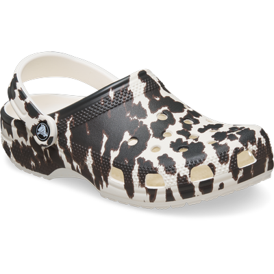 Clog CROCS "Classic Pop Animal Clog", Damen, Gr. 43, Croslite™, schwarz-weiß (chalk, multi), Schuhe Clog, Schlupfschuh, Hausschuh mit Animal-Print