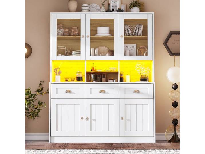Buffet moderne et élégant vitrine meuble de rangement avec éclairage LED armoire haute de salon avec étagères réglables blanc.