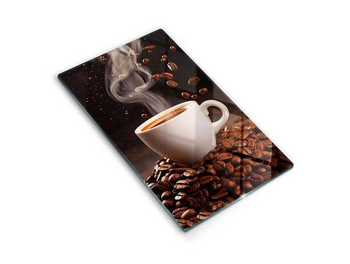 Wallfluent Glasplatte 30x52 cm Heiße Tasse Kaffee, Mehrfarbig, Glas, Rechteckig, 30x52 cm, Küchenzubehör, Schneidebretter