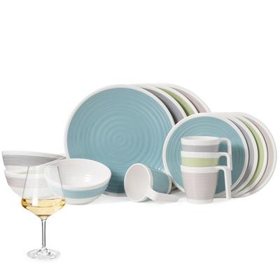 Moritz Melamin Geschirr-Set 4 Personen Harmonie 16 Teilig + 4 Milano Weiß Weingläser Tafelgeschirr Picknick BBQ Kochgeschirr
