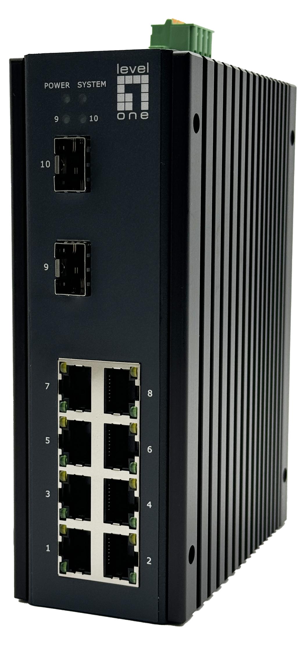 LevelOne 10-Port L2+ Managed Gigabit Industrieswitch, 8x 1GbE RJ45, 2x 1/2.5GbE SFP, DIN-Schienenmontage, -40°C bis 75°C, Managed, L2+, Gigabit Ethernet (10/100/1000)