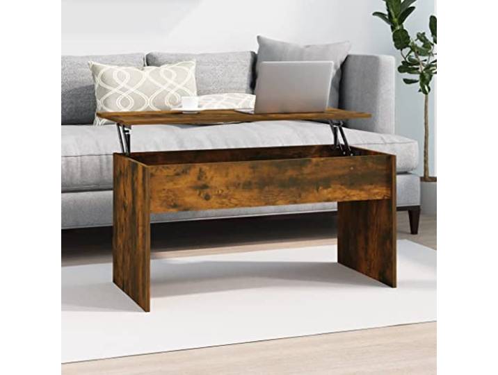 TEKGHUT Couchtisch Räuchereiche 102x50,5x52,5 cm Holzwerkstoff mit Stauraum Höhenverstellbare Platte, verstecktes Fach, pflegeleichte Oberfläche, multifunktional, stabil