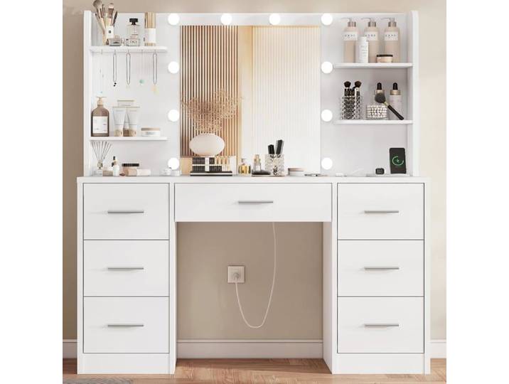 Coiffeuse Blanche avec Miroir LED Réglables Tiroirs et Port USB - Table de Maquillage Idée Cadeau pour Femme