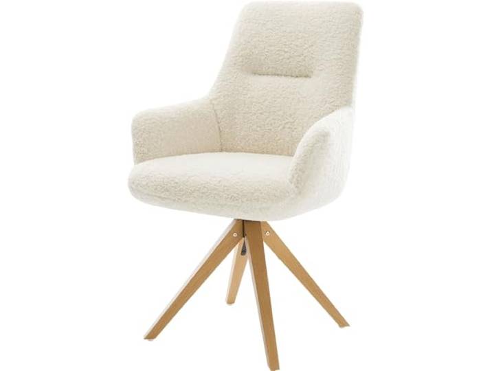 DELIFE Esszimmerstuhl Zelia-Flex mit Armlehnen Holzgestell kantig Natur Teddystoff Beige 360° drehbar Taschenfederkern