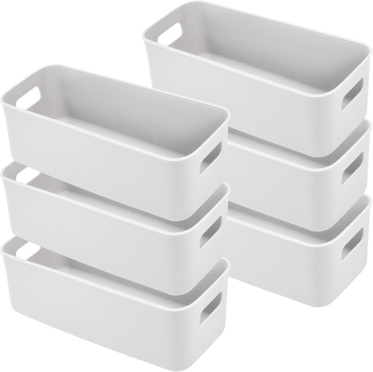 Set van 6 grijze opbergmanden van plastic met handvatten, stapelbaar voor badkamer en keuken