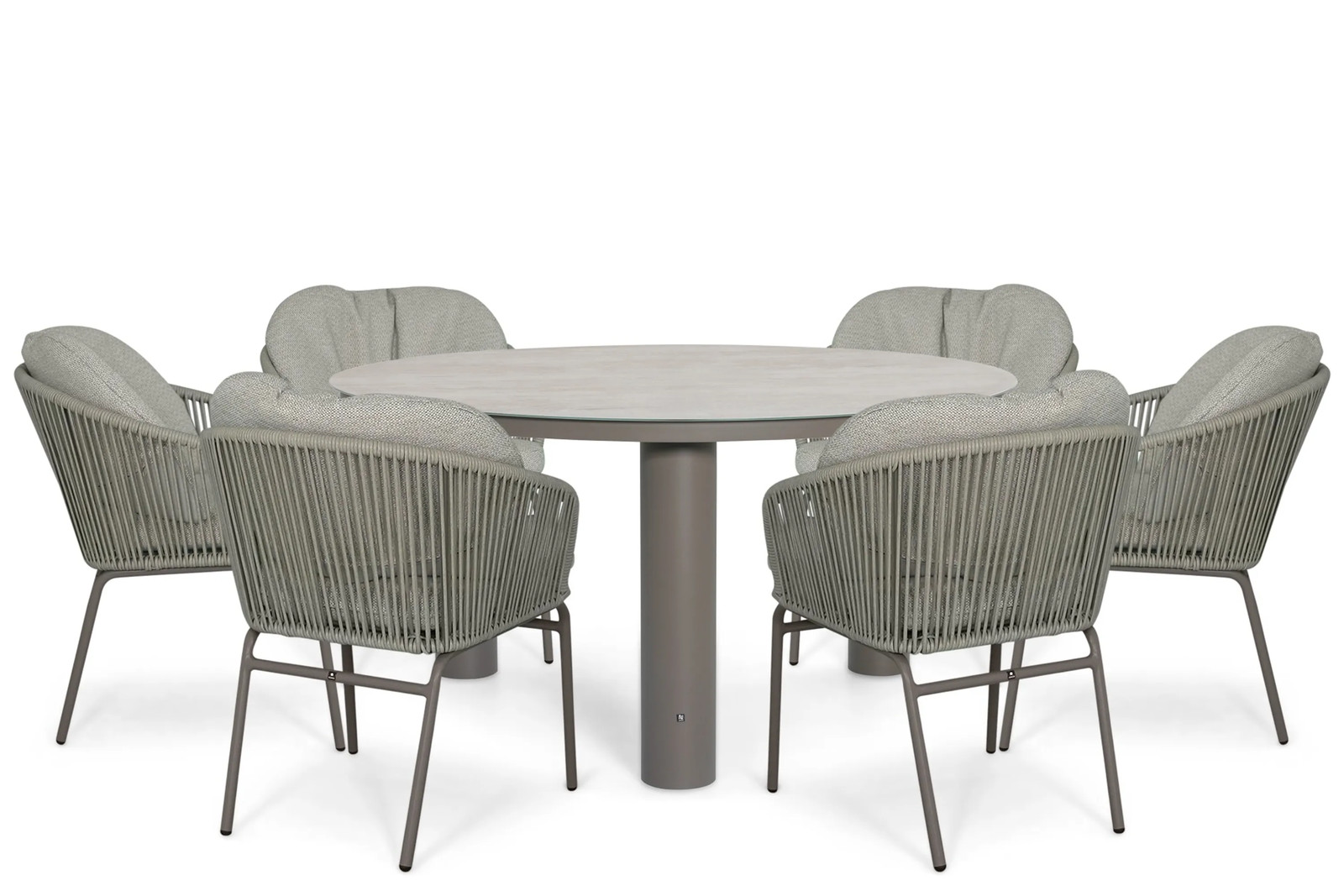 Coco Livo/Arancia 7-delige moderne eettafelset voor tuin en terras met live edge tafel en grijze stoelen