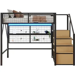 OKWISH Hochbett Metall 140x200 cm mit LED-Beleuchtung, Treppe mit Stauraum, Netzschutz, multifunktional, platzsparend, Schwarz