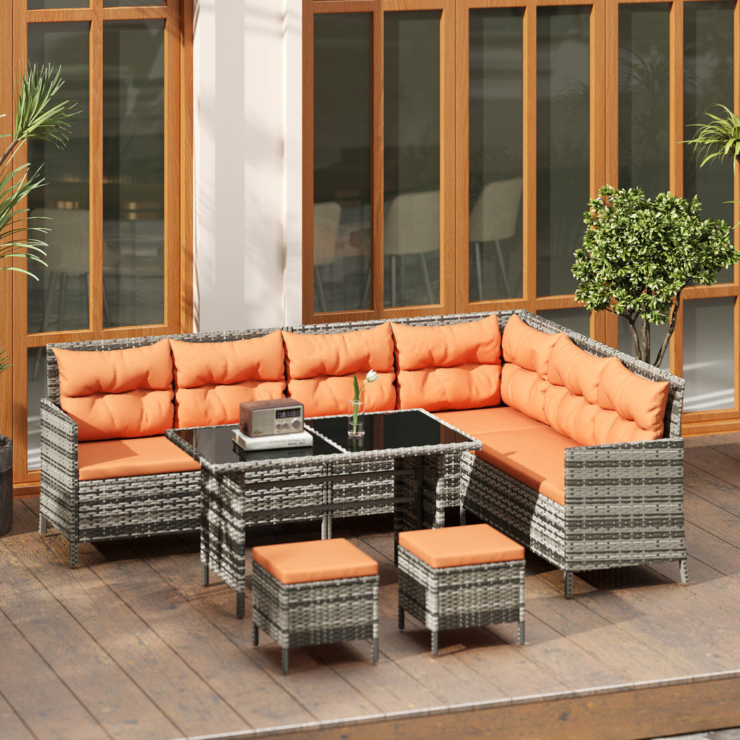 Outsunny 6 Pieces Rattan Garden Furniture Set 8-Seater Cushions Orange Powder Coated 7
