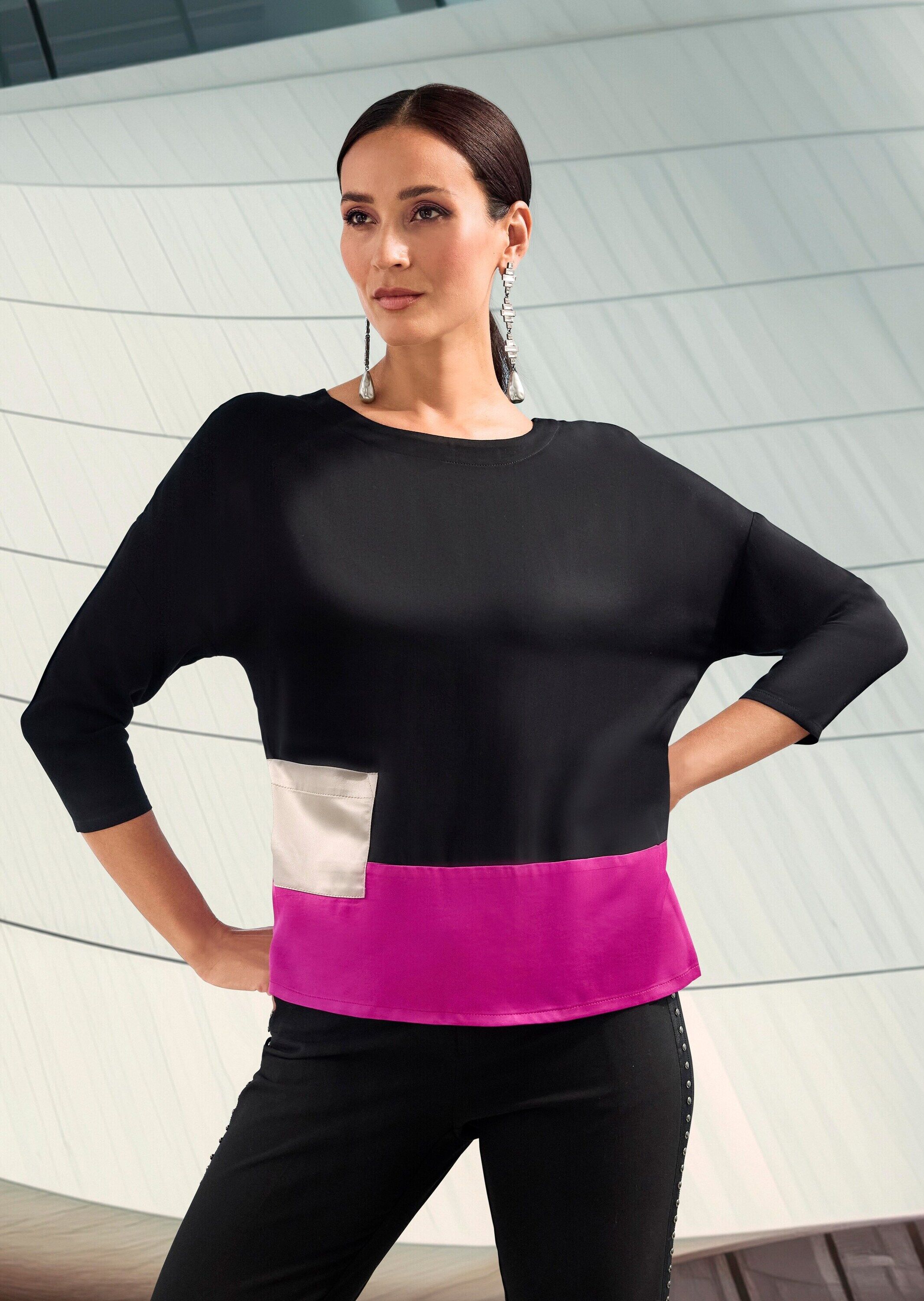 Langarmbluse MADELEINE "Bluse Moderne Bluse mit Farbspiel", Damen, Gr. 36, schwarz (magenta, schwarz, cappuccino), Obermaterial: 100% Viskose CV., Modern, Blusen Langarmbluse