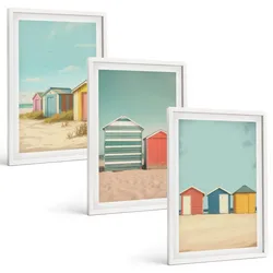 BILDER SET 3er Set - 40x60 cm Weißer Rahmen - Bunte Häuser, Strand, Sonne