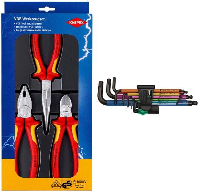 Knipex Set VDE-Zangenset Sicherheit 3-tlg. + Wera Winkelschraubendrehersatz 950 SPKL/ SM N SB 9-tlg.Ku.-Halter SW 1,5-10mm