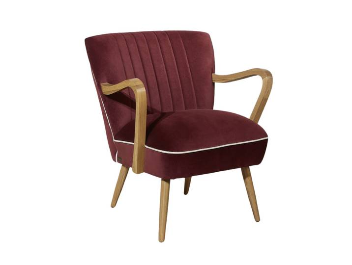 Fauteuil style scandinave en hévéa et velours camel