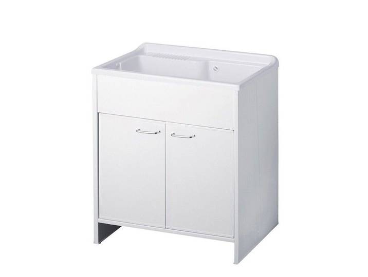 Meuble buanderie double porte PVC avec vasque bac à laver polypropylène 80x50 Blanc