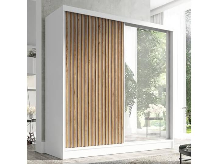A&J MöbelLand Schwebetürenschrank LINA Kleiderschrank 200 cm mit Spiegel, 3 Schubladen & 3D-Lamellen (Weiß)