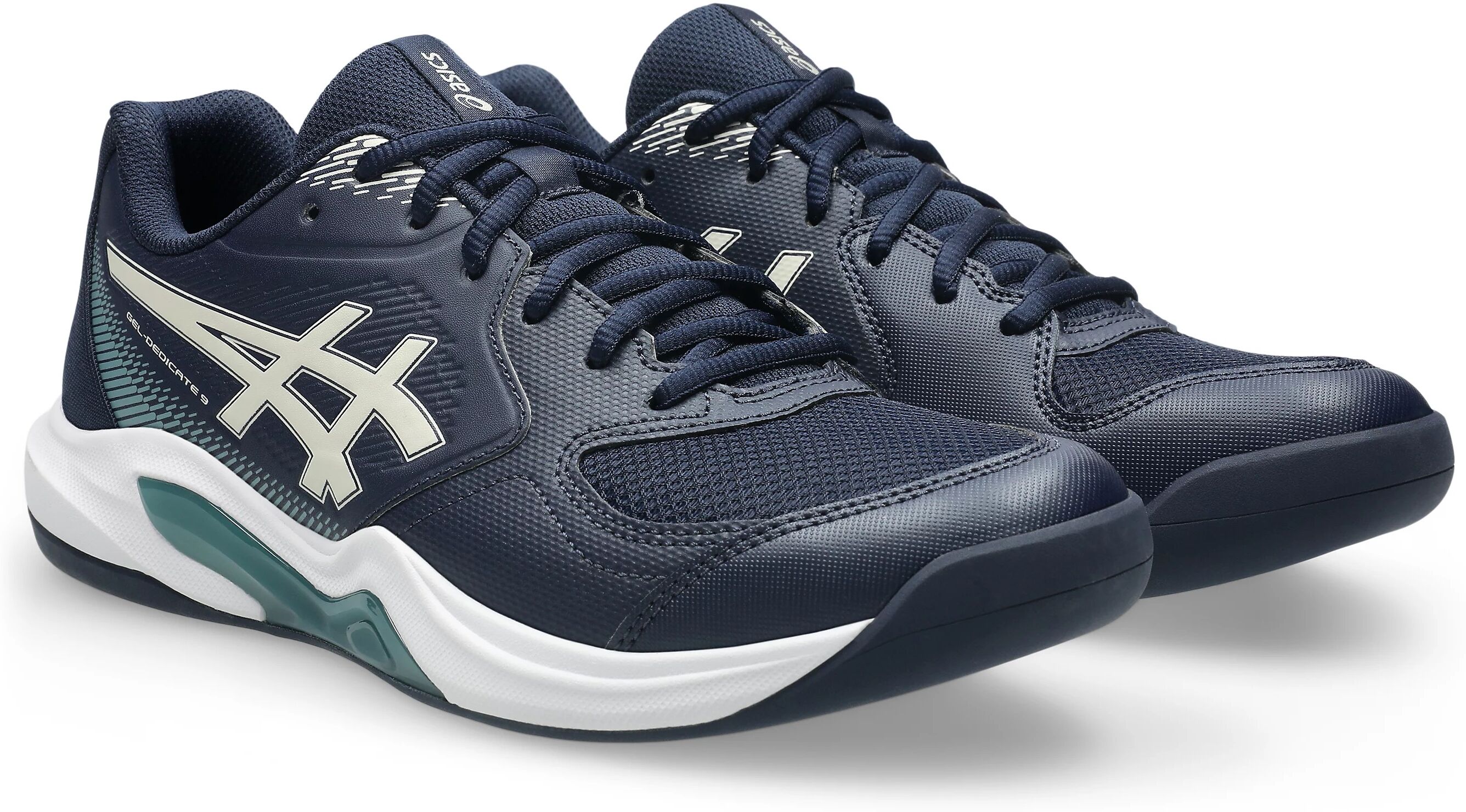 Tennisschuh ASICS "GEL-DEDICATE 9 INDOOR", Herren, Gr. 49, midnight, oatmeal, Synthetik, Schuhe Tennisschuh, für Teppichböden midnight, oatmeal 49