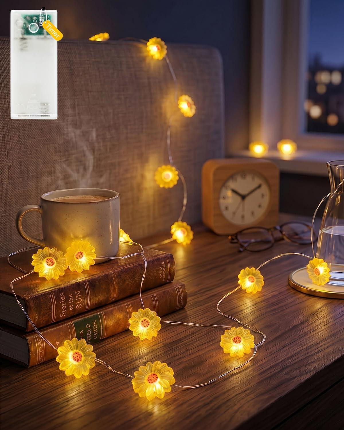 Dripio LED-lichtslingering met zonnebloemen, 20 LED's, 2 meter, warm wit licht, met timer