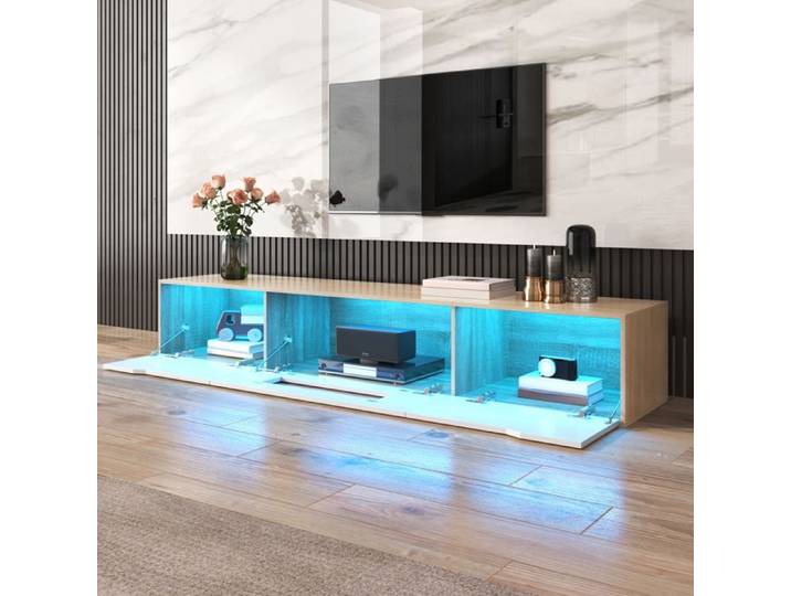 Meuble TV LED 180x30x35 cm LEMLIT Banc TV Salon Portes Rainurées Finition Brillante 16 Couleurs 4 Modes - Blanc et Bois