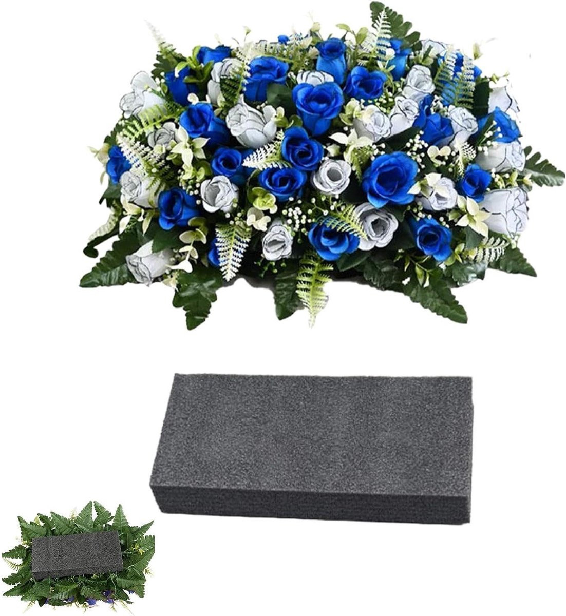 Blauwe kunstrozen voor grafdecoratie - Waterdichte en UV-bestendige kerkhofbloemen - B/D/H: 50 x 35 x 20 cm