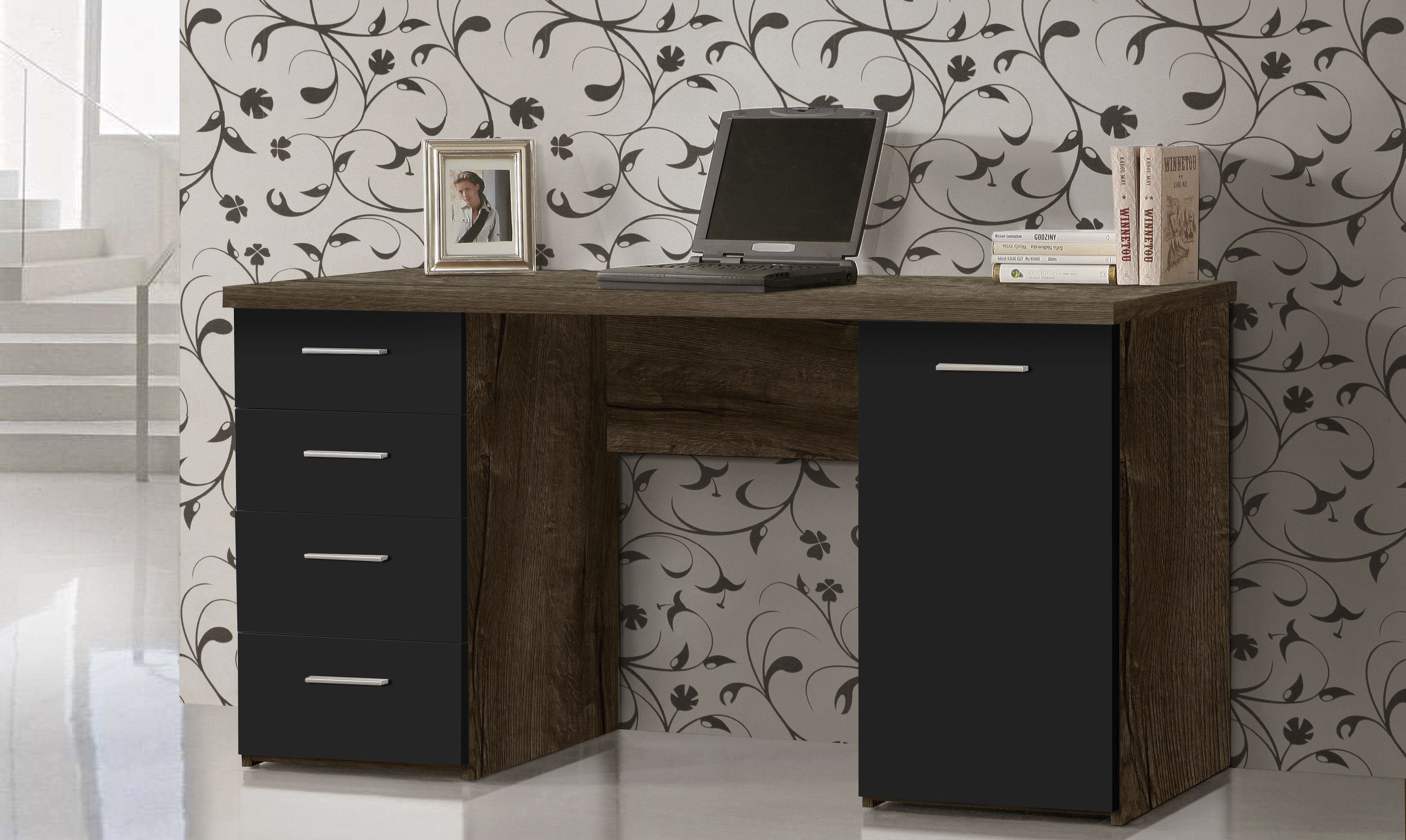 Schreibtisch FORTE "Netta", braun (schlammeiche, schwarzeiche, schlammeiche, schlammeiche), B:145cm H:76,3cm T:60cm, Tische, Schreibtisch, Breite 145 cm, mit Schubladen schlammeiche, schwarzeiche, schlammeiche, schlammeiche B/H/T: 145cm x 76,3cm x 60cm
