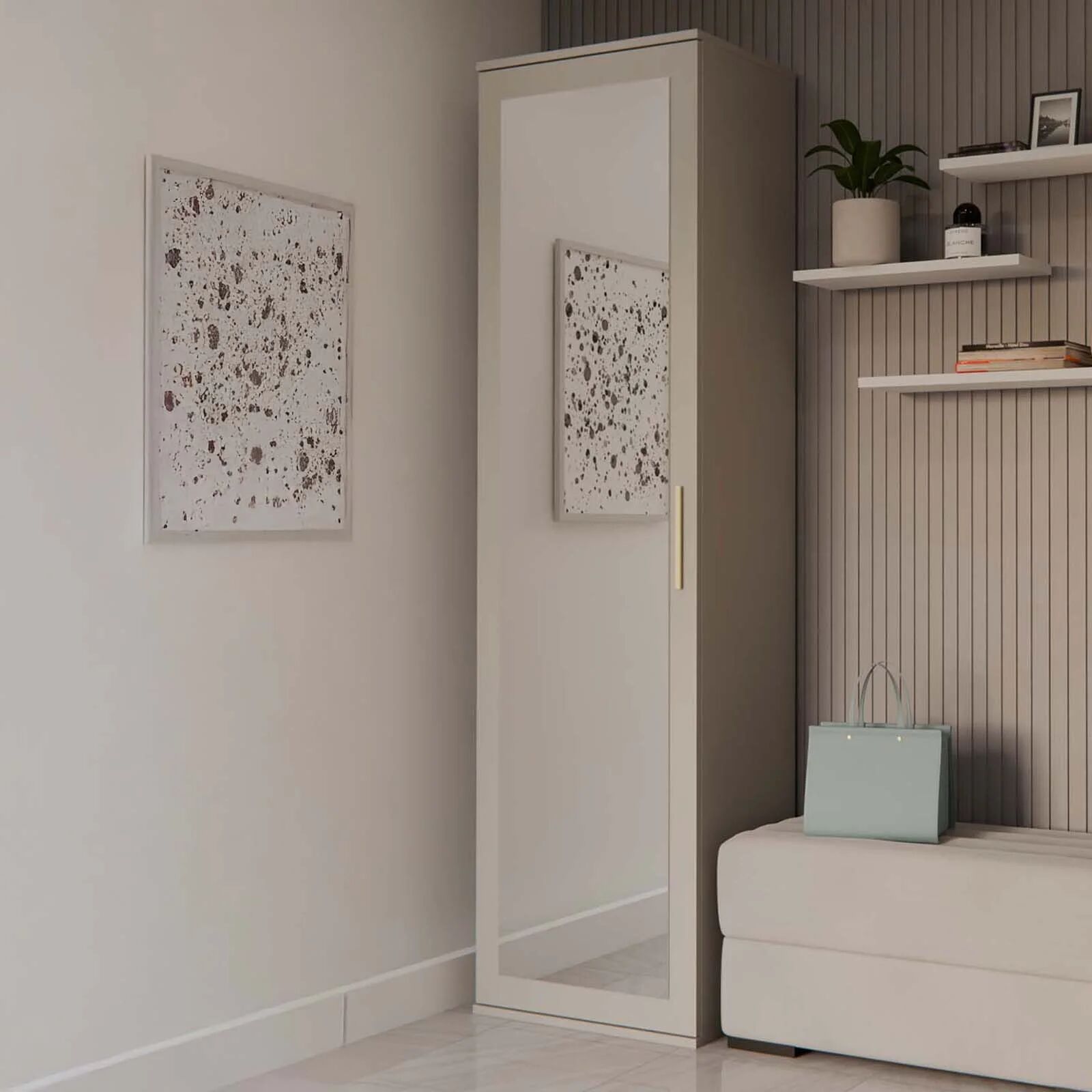 garneroarredamenti Mobile armadio multiuso ingresso 50x180h cm appendiabiti con specchio beige cashmere Effort
