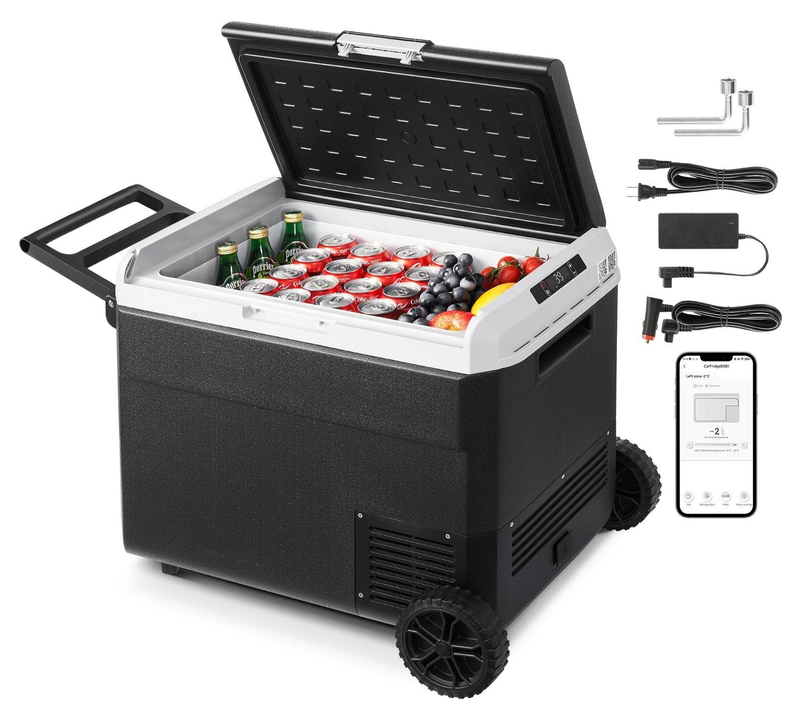 Elektrische Kompressor Kühlbox 60 L - Tragbare Auto Kühlbox / Mini Kühlschrank - 12/24 V DC & 100-240 V AC - Gefrierfunktion bis -20 °C - Mit Rollen und Griff - Für Auto Wohnmobil Camping