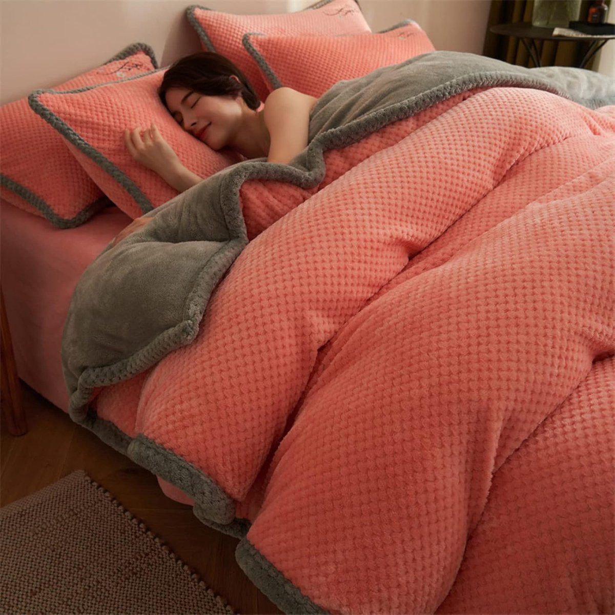 Fleece Dekbedovertrek Set Koraal Fluweel Grijs - 220x240 cm