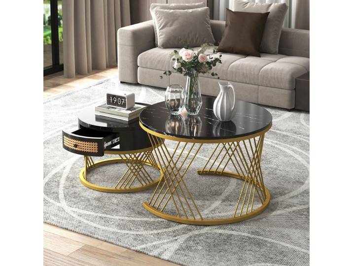 Table Basse Ronde - WILITTO - Design effet marbre - MDF - Nombreux Rangements - Plateau Spacieux - 70X70CM - Noir