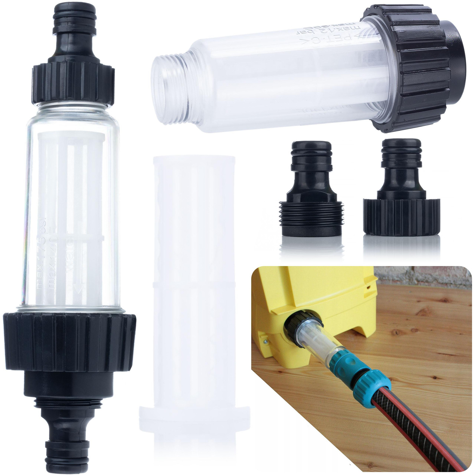 ROSFIX Waterfilter Spuitmond Vervanging – Transparant Filterhuis, 3/4 inch, 0,25 mm, 12 bar, compatibel met Kärcher K2–K7 hogedrukreinigers