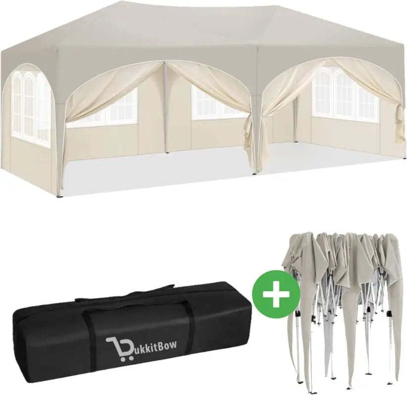 WOLTU Dubbele partytent met zijwanden - 3x6 meter - Beige / Wit