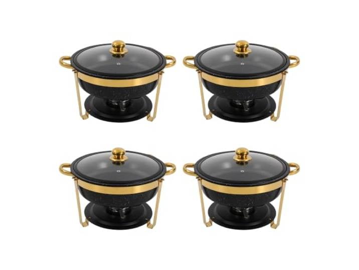 4er Set Chafing Dish, Runder Edelstahl Buffetwärmer, 5L Warmhaltebehälter Chafing Dish Elektrisch aus Edelstahl, Glasdeckel, antihaft, stapelbar, ideal für Familienfeste, Partys, Catering