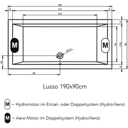 RIHO Lusso Easypool 3.1 Rechteck-Badewanne, Touchbedienung, Einbau, 2-Sitzer, weiß, B037004005, Ausführung: 190x90x47,5cm, Nutzinhalt: 290 Liter