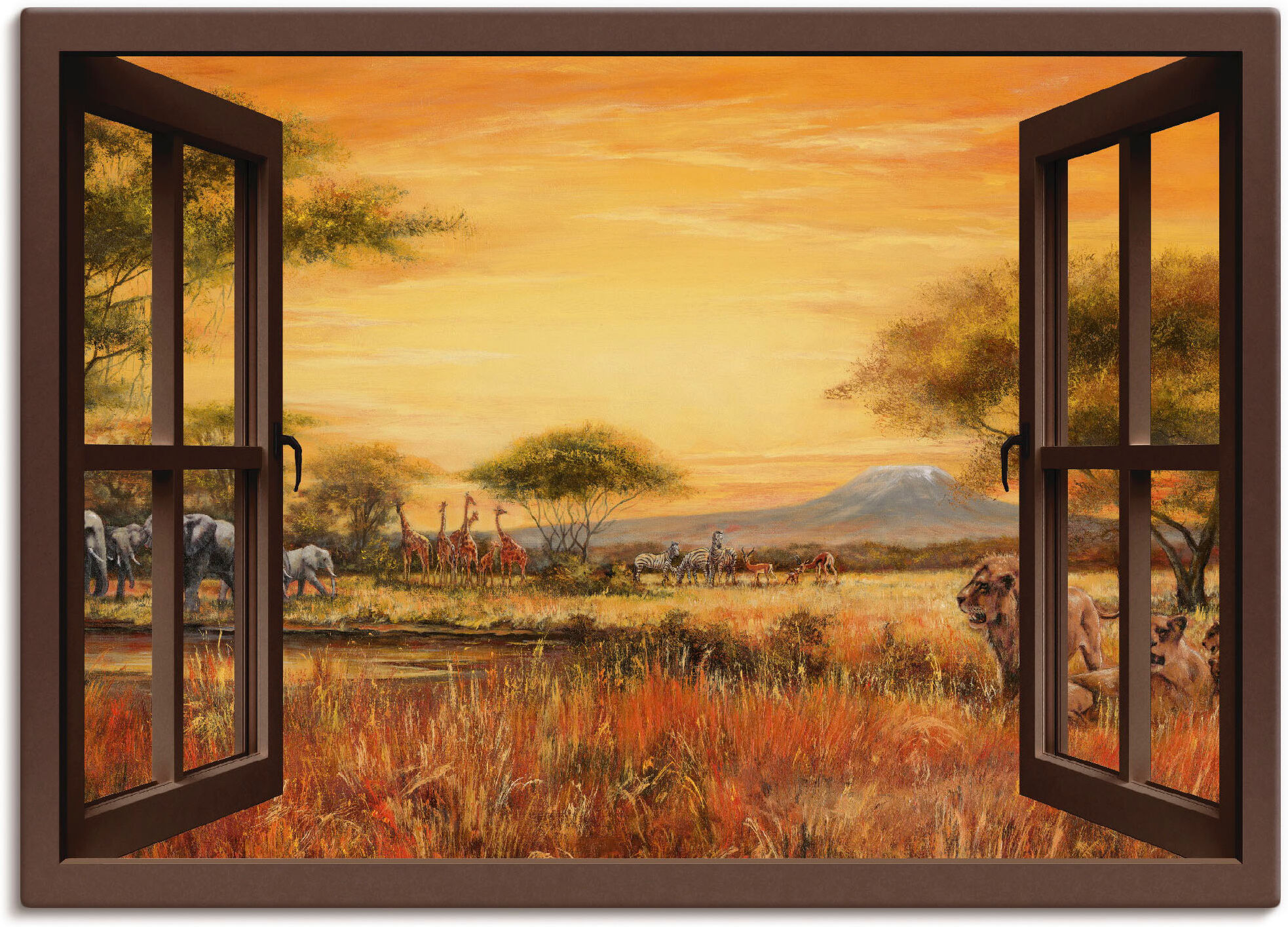 Leinwandbild ARTLAND "Fensterblick Afrikanische Steppe Löwen", braun (farbe bild(er): braun), B:70cm H:50cm, Bilder, Leinwandbild, auf Holzrahmen gespannt farbe bild(er): braun B/H/T: 70cm x 50cm, Leinwandbild Fensterblick, 1 Stk.