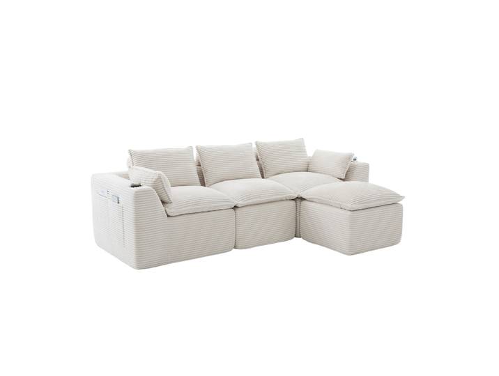 Elvmi Canapé Modulaire 3 Places Avec Poches Latérales Et Coussins En Coton-cord Beige