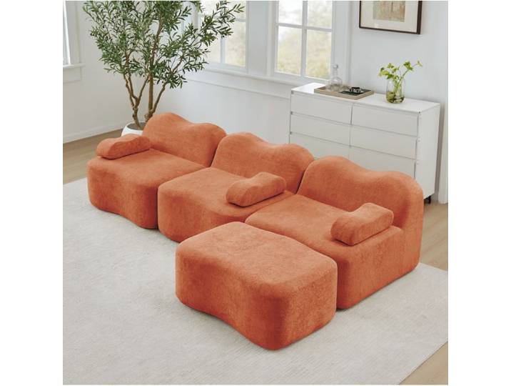 Canapé d'angle modulaire en velours orange avec ottoman assise profonde