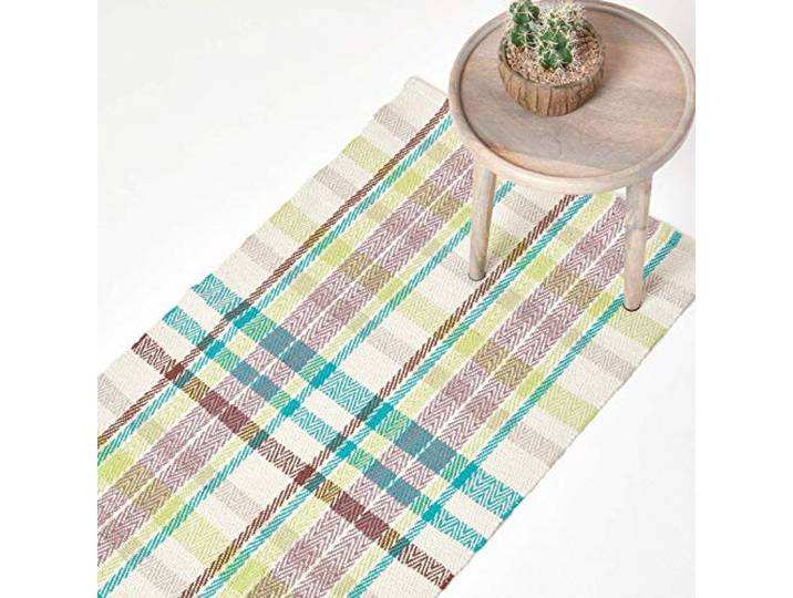 Homescapes Teppichläufer Wilson mit traditionellem Tartan-Muster aus Schottland, 100% Baumwolle, handgewebter Baumwollteppich mit Chevron-Webart 66 x 200 cm, braun-gelb-blau Schottenkaro