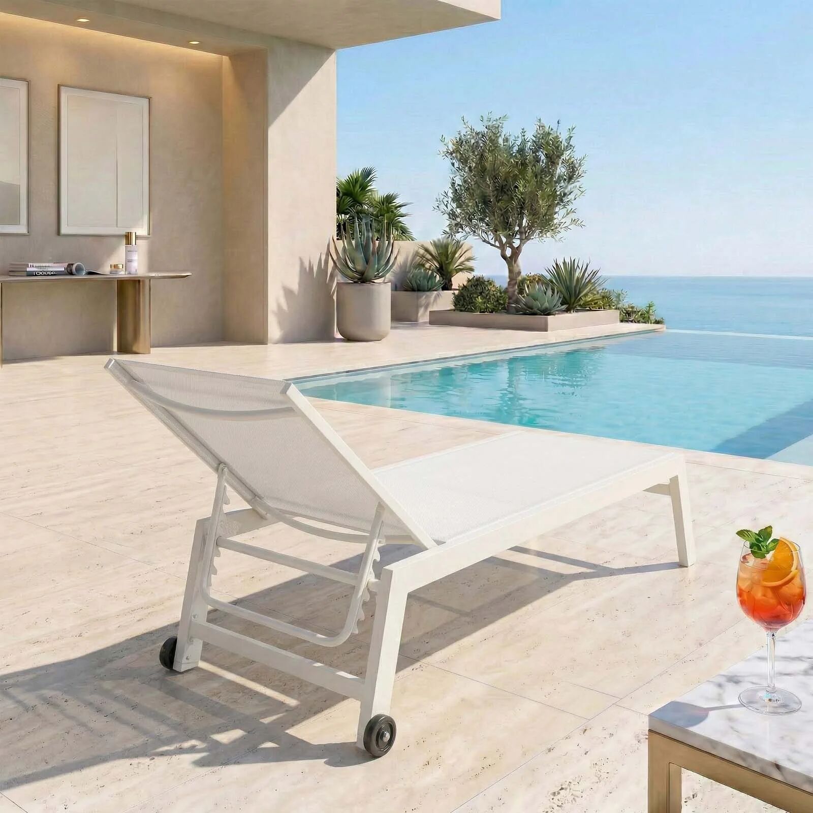 garneroarredamenti Lettino prendisole da giardino con ruote in alluminio e textilene bianco Lido