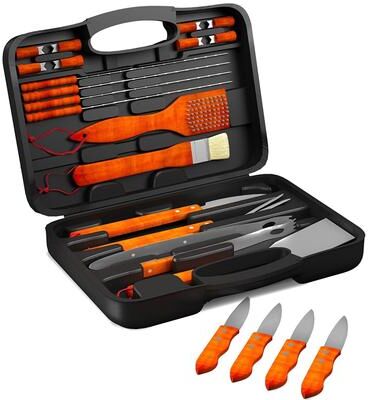 Wood BBQ Grill Tool Set- 22 Pc Stainless Steel Barbecue Accessories Home-Complete