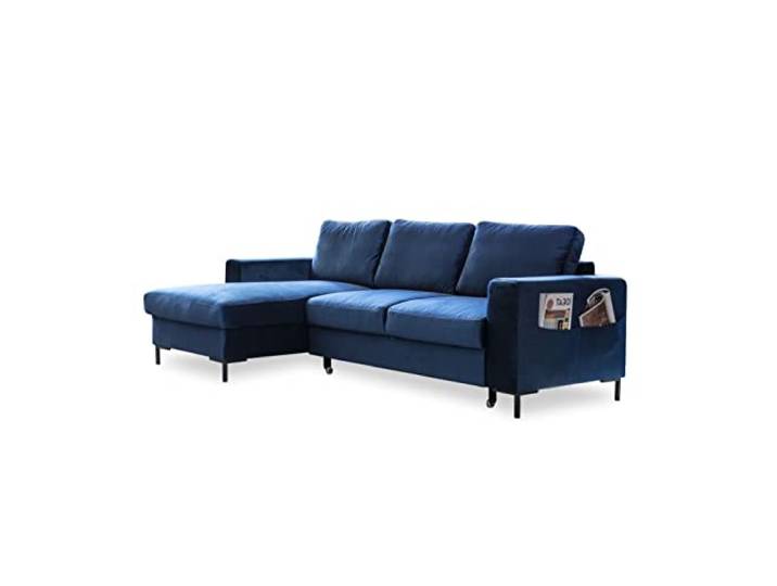 MIUFORM Ecksofa mit Schlaffunktion und Bettkasten Lofty Lilly Wohnladschaft Couch Schlafcouch Wohnzimmer Gästezimmer Samt-Stoff Metallfüße (Navy blau, Links ausgerichtet)