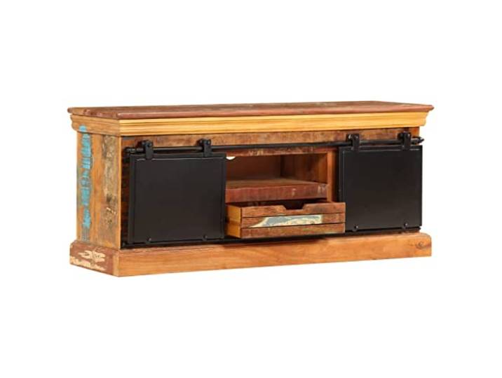 KGHERMDF TV-Schrank 110x30x45 cm Altholz Massiv Handgefertigt, 3 Fächer, 1 Schublade, 2 Schiebetüren, Metalltüren, Industrie-Stil
