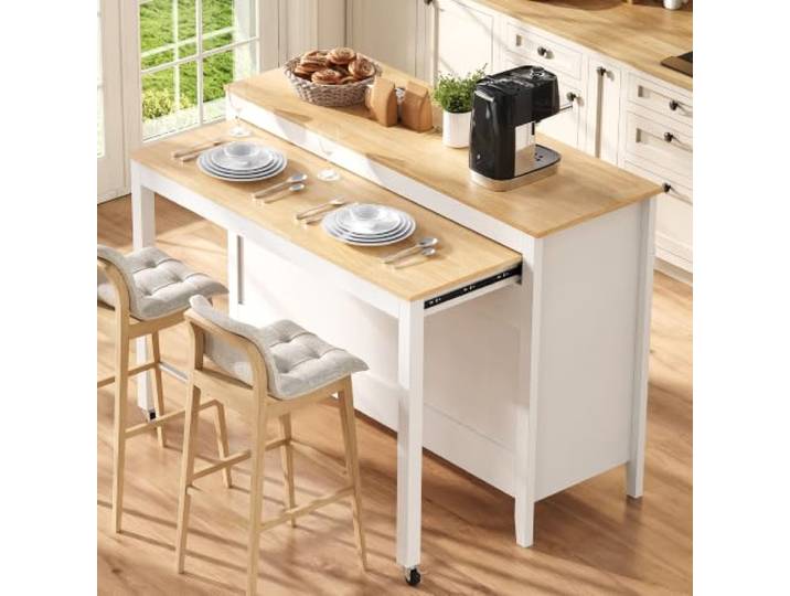 Kücheninsel mit ausziehbarem Esstisch, Küchenschrank mit Arbeitsplatte in heller Holzoptik, zwei unterteilten Schubladen, Schranktüren und offenen Ablagefächern, ideal für Küche und Esszimmer (Weiß)