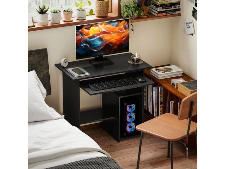 Bureau informatique avec plateau clavier coulissant niche PC et 2 étagères ouvertes pour bureau - UVRION