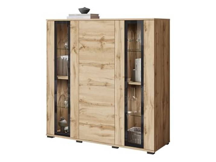 Mirjan24 Kommode Clarkoy HB 120 mit 3 Türen, gehärtetem Glas, griffloses Öffnungssystem, Highboard in Naturtönen – Mehrzweckschrank (Wotan, mit LED Beleuchtung)