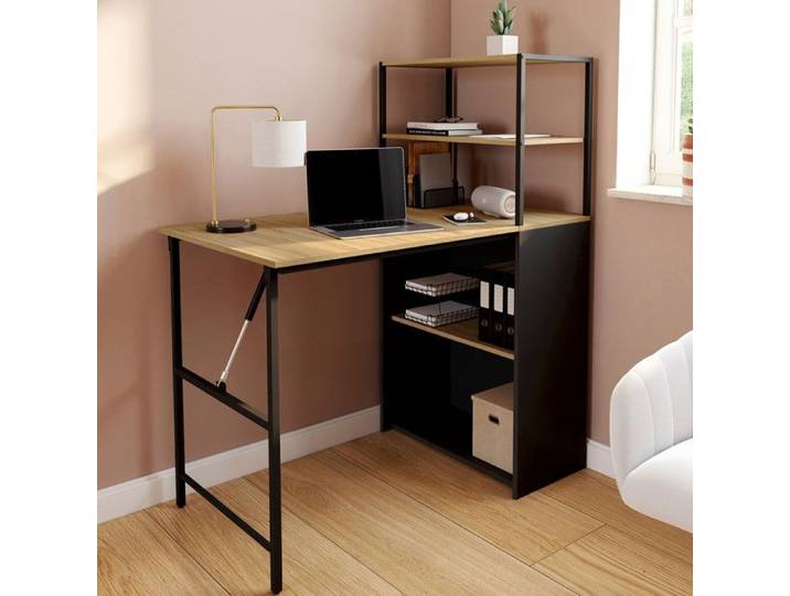 IDMARKET Bureau bibliothèque pliable RAY plateau rabattable bois façon hêtre et noir